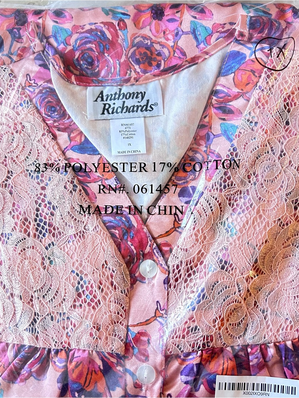 1X. Anthony Richards Pink and Purple Floral Lace Button. 1X. New
